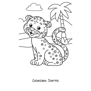 Desenho para colorir de um filhote de guepardo ao lado de uma palmeira
