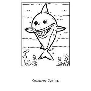 Desenho para colorir de um filhote de tubarão com um grande sorriso