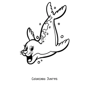 Desenho para colorir de uma foca mergulhando entre bolhas