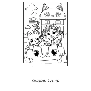 Desenho para colorir da Gabby e do Pandy Paws passeando no carrinho Carlita em frente à casa de bonecas