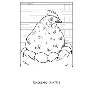 Desenho para colorir de uma galinha chocando seus ovos
