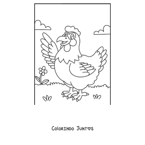 Desenho para colorir de uma galinha de desenho animado acenando com a asa