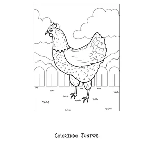 Desenho para colorir de uma galinha detalhada andando no quintal
