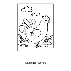 Desenho para colorir de uma galinha em pe na grama