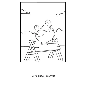 Desenho para colorir de uma galinha empoleirada num pau
