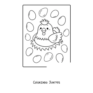 Desenho para colorir de uma galinha no ninho cercada de ovos