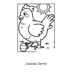 Desenho para colorir de uma galinha andando ao sol com um ovo