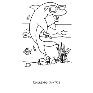 Desenho para colorir de um golfinho de óculos de sol na praia