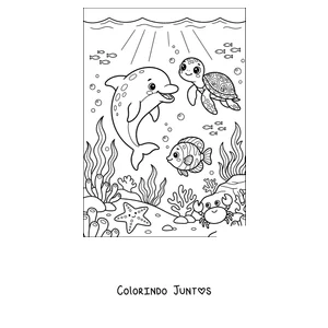Desenho para colorir de um golfinho brincando com uma tartaruga marinha