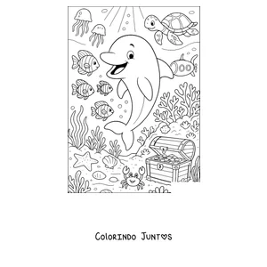 Desenho para colorir de um golfinho explorando o fundo do mar com um baú de tesouro
