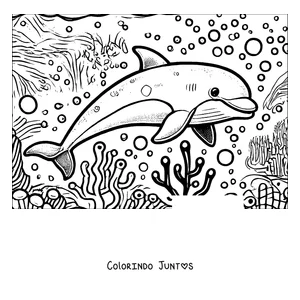 Desenho para colorir de um golfinho nadando no recife de coral