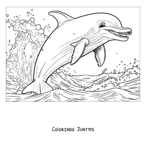 Desenho para colorir de um golfinho realista saltando entre as ondas