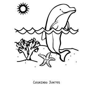 Desenho para colorir de um golfinho saltando diante do sol