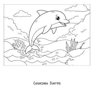 Desenho para colorir de um golfinho saltando sobre o mar