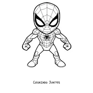 Desenho para colorir de um Homem-Aranha pequeno e simpático em pé com o uniforme