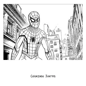 Desenho para colorir do Homem-Aranha em pé em uma rua cercada de prédios