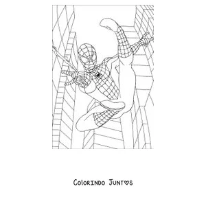 Desenho para colorir do Homem-Aranha escalando entre dois arranha-céus bem altos