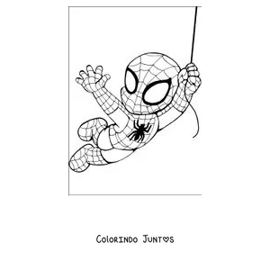 Desenho para colorir de um pequeno Homem-Aranha pendurado e se balançando na teia