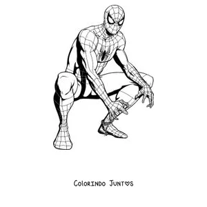Desenho para colorir do Homem-Aranha agachado em uma pose de herói