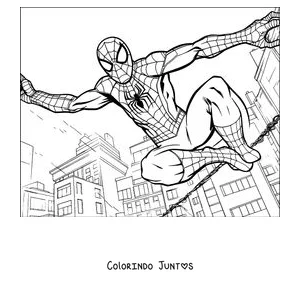 Desenho para colorir do Homem-Aranha pulando com os braços abertos entre os prédios