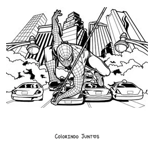 Desenho para colorir do Homem-Aranha agachado sobre os carros em uma rua da cidade