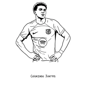 Desenho para colorir do Lamine Yamal em pé com as mãos na cintura e a camisa do Barcelona