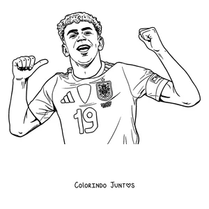 Desenho para colorir do Lamine Yamal comemorando um gol com a camisa da Espanha