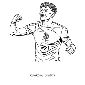 Desenho para colorir do Lamine Yamal flexionando o braço com a camisa do Barcelona