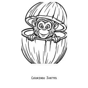 Desenho para colorir de um macaco espiando de dentro de um coco