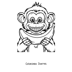 Desenho para colorir de um macaco sorridente comendo uma banana