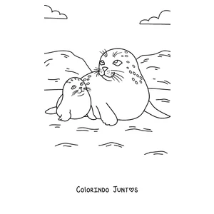 Desenho para colorir de uma mãe foca com o filhote na praia