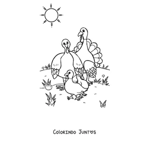 Desenho para colorir de uma mamãe peru passeando com seus filhotes