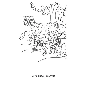 Desenho para colorir de uma mamãe guepardo passeando com o filhote