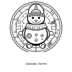 Desenho para colorir de uma mandala de inverno com um boneco de neve de gorro e cachecol dentro de um círculo