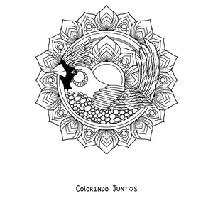 Desenho para colorir de uma mandala de inverno com um pássaro cardeal rodeado de pétalas