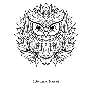 Desenho para colorir de uma mandala de inverno com uma coruja sobre folhas e figuras em forma de floco