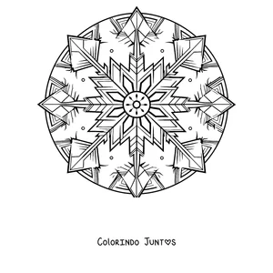 Desenho para colorir de uma mandala de inverno em forma de cristal de gelo com estrelas