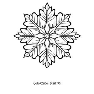 Desenho para colorir de uma mandala de inverno com uma grande estrela de pontas e folhas