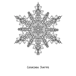 Desenho para colorir de uma mandala de inverno em forma de floco de neve de seis braços bem detalhado