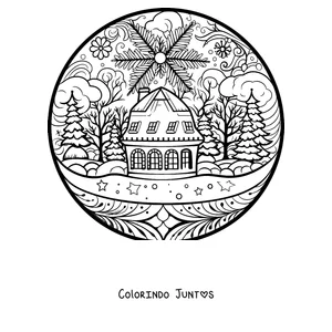 Desenho para colorir de uma mandala de inverno com uma cabana nevada e pinheiros dentro de um globo de neve