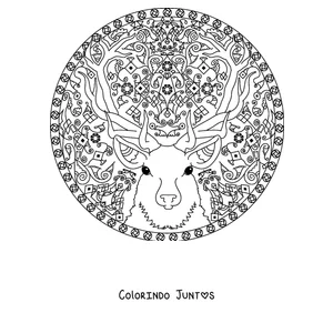 Desenho para colorir de uma mandala de inverno com a cabeça de uma rena com grandes chifres