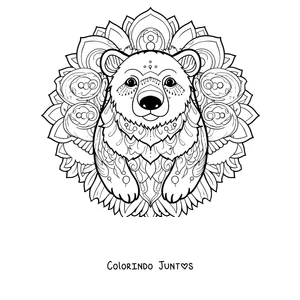 Desenho para colorir de uma mandala de inverno com o rosto de um urso polar sobre figuras circulares