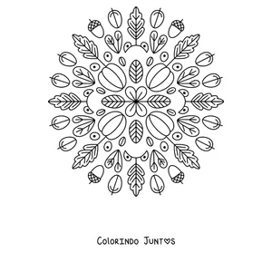 Desenho para colorir de uma mandala de outono com bolotas e folhas de carvalho