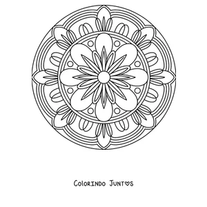 Desenho para colorir de uma mandala de outono com uma flor no centro e um anel de pétalas