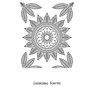 Desenho para colorir de uma mandala de girassol com cachos de folhas nos cantos