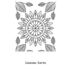 Desenho para colorir de uma mandala de girassol rodeada de folhas de outono