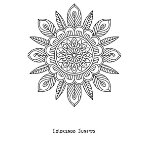 Desenho para colorir de uma mandala de outono com pétalas em forma de folha ao redor do centro