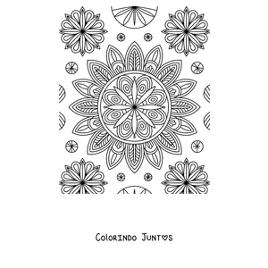 Desenho para colorir de uma página com uma mandala grande de outono rodeada de mandalas e flores menores