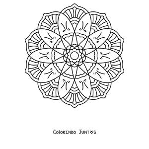 Desenho para colorir de uma mandala de primavera redonda com pétalas longas e um anel de flores