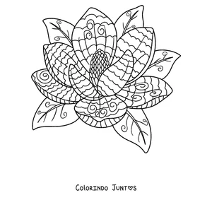 Desenho para colorir de uma mandala de primavera em forma de flor de magnólia com folhas